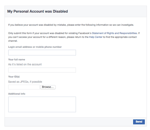 Facebook: My Personal Account Was Disabled page